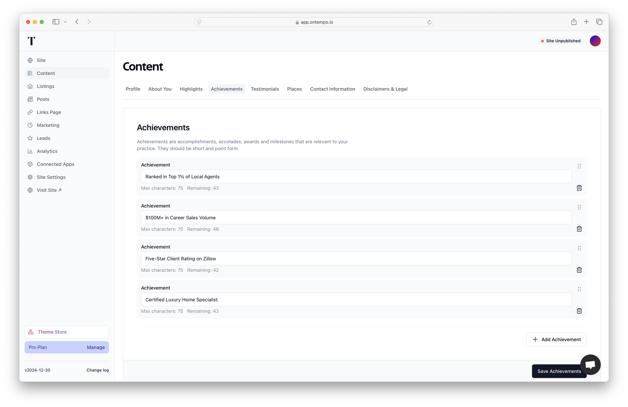 Achievements Section